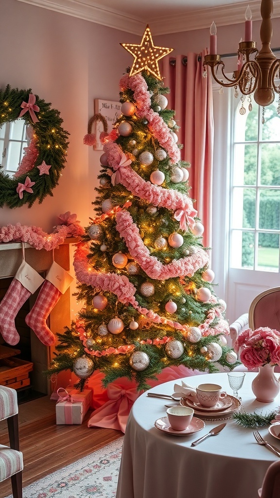 Vintage Pink Christmas Decor Ideas A vintage pink Christmas tree with ornaments and garlands in a cozy living room setting.